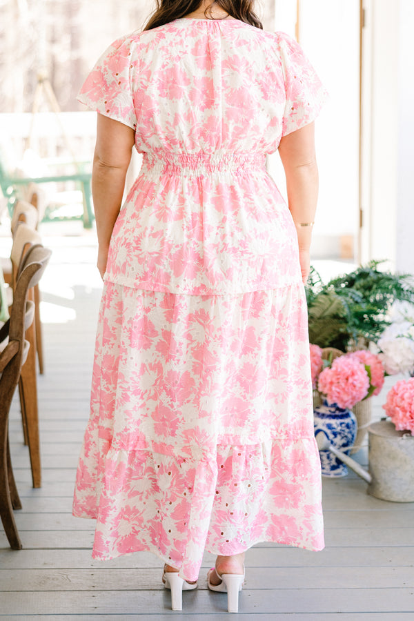 Chic Soul plus size clothing, white and pink floral print maxi dress with elastic waistband and tiered skirt