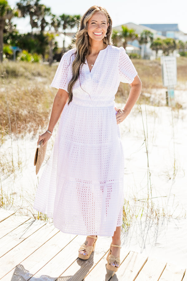Chic Soul plus size clothing, white short sleeve maxi dress with embroidered eyelet texture and V-neck