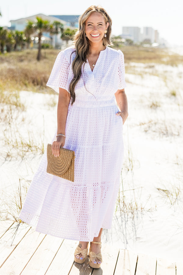 Chic Soul plus size clothing, white short sleeve maxi dress with embroidered eyelet texture and V-neck