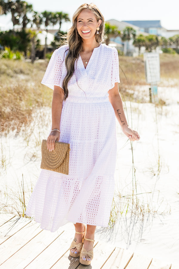 Chic Soul plus size clothing, white short sleeve maxi dress with embroidered eyelet texture and V-neck