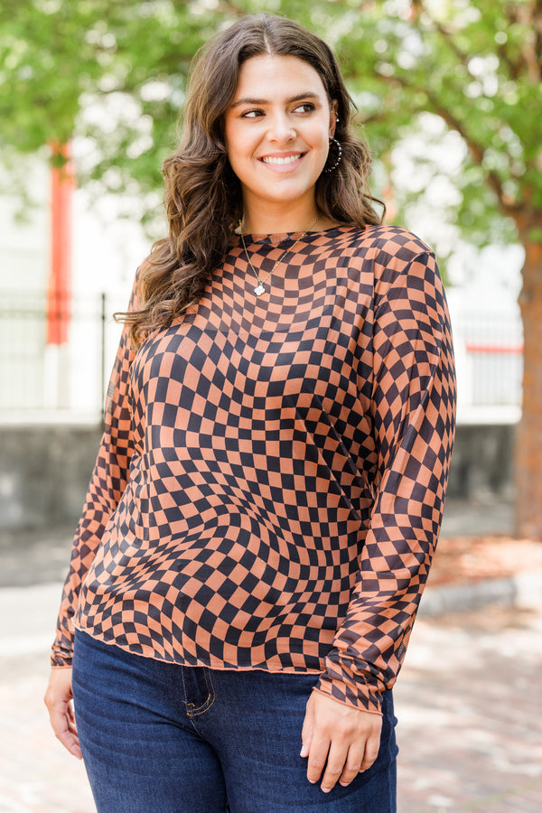 Chic Soul plus size clothing, orange and brown long sleeve mesh checkered top with mock round neckline 