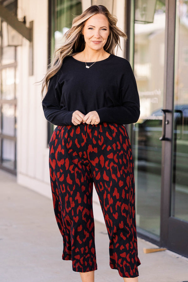 Chic Soul plus size clothing, burgundy and black leopard pattern flowy capri pants