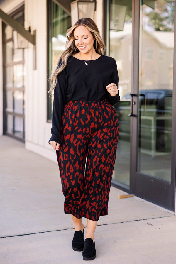 Chic Soul plus size clothing, burgundy and black leopard pattern flowy capri pants