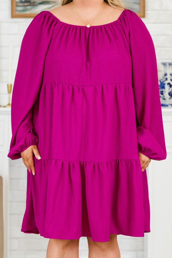 Plus Size magenta tiered babydoll dress with long balloon sleeves and a square neckline.
