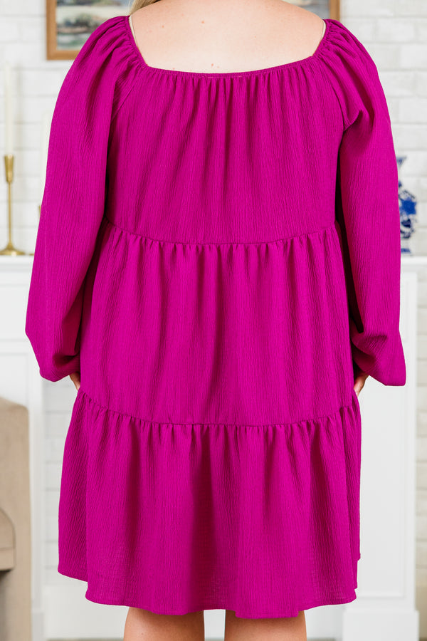 Plus Size magenta tiered babydoll dress with long balloon sleeves and a square neckline.