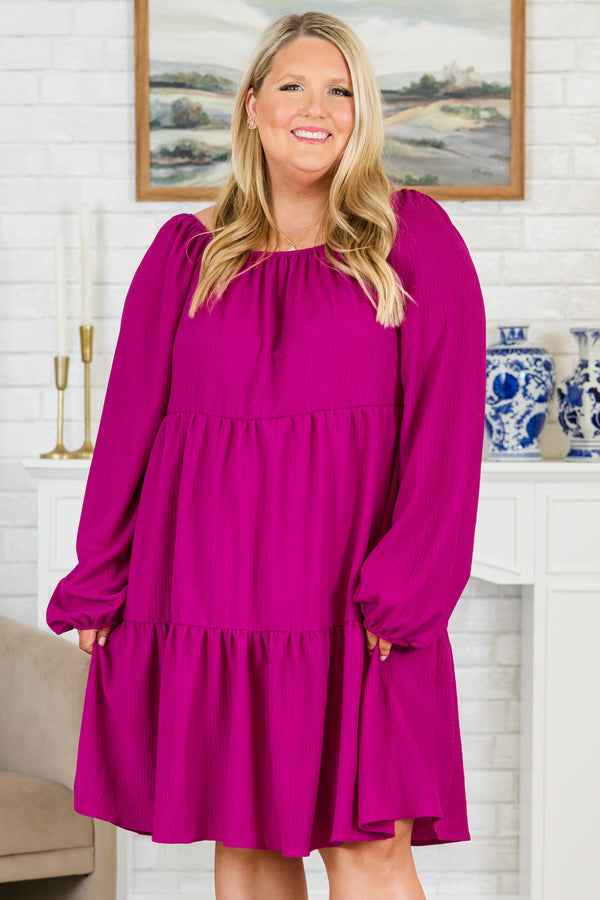 Plus Size magenta tiered babydoll dress with long balloon sleeves and a square neckline.
