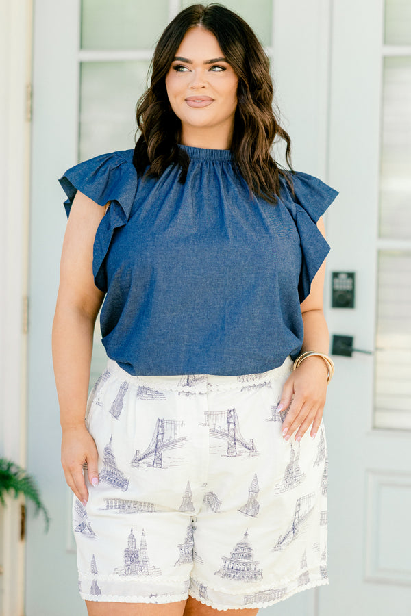 Chic Soul plus size clothing, ivory shorts with navy tolie prints throughout 