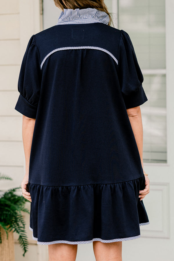 Chic Soul plus size clothing, short-sleeve navy blue short baby doll dress with a striped contrast v-neckline