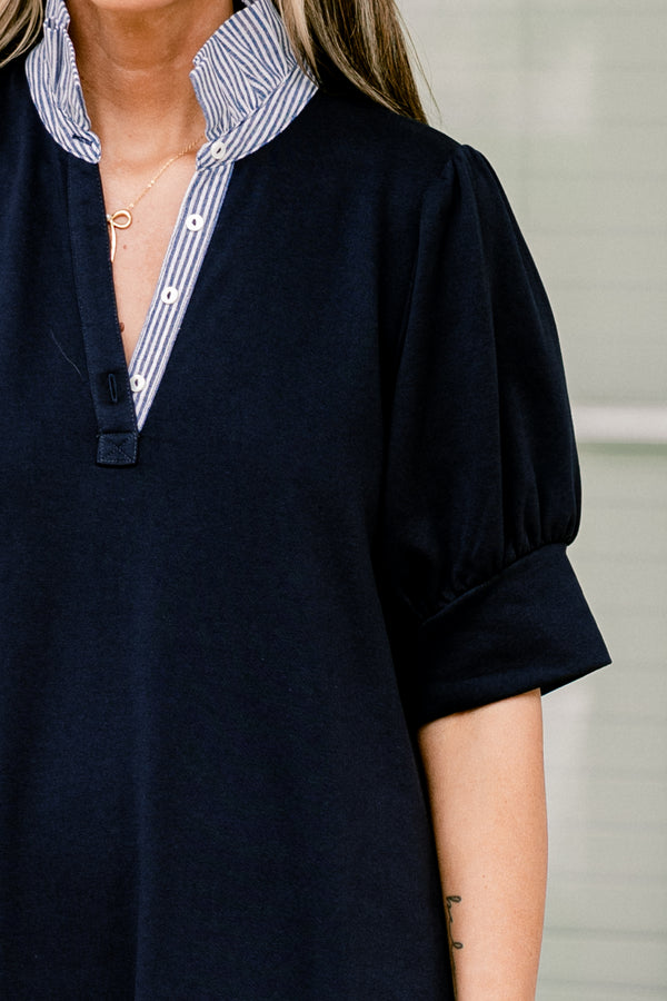 Chic Soul plus size clothing, short-sleeve navy blue short baby doll dress with a striped contrast v-neckline