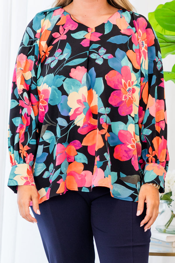 Chic Soul plus size clothing, long-sleeve black-multi-colored top with floral pattern