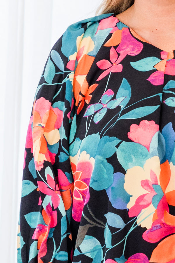 Chic Soul plus size clothing, long-sleeve black-multi-colored top with floral pattern