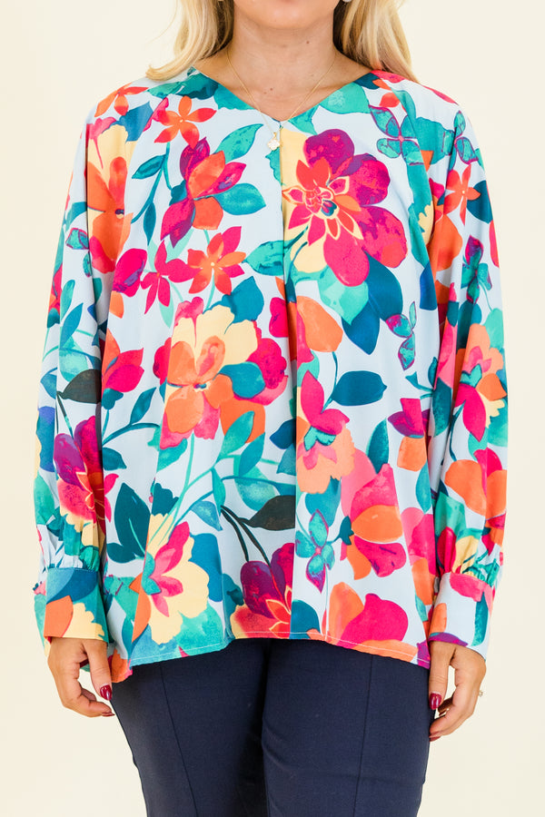 Chic Soul plus size clothing, long-sleeve blue-multi-colored top with a multi-colored floral pattern