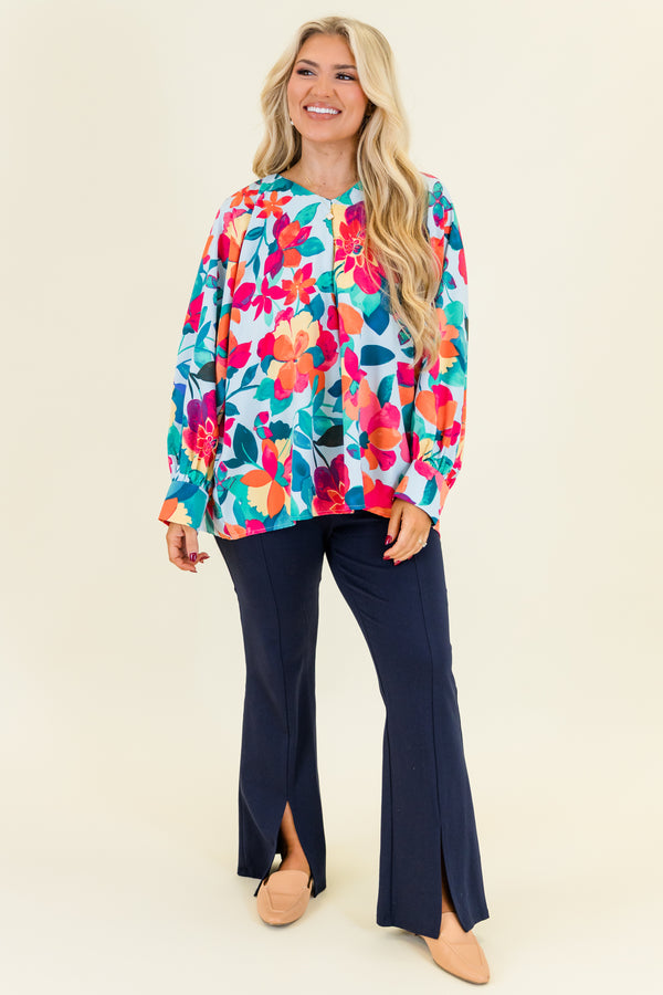 Chic Soul plus size clothing, long-sleeve blue-multi-colored top with a multi-colored floral pattern