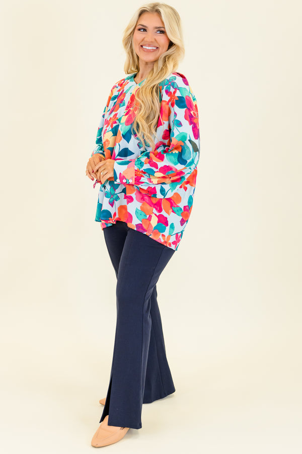 Chic Soul plus size clothing, long-sleeve blue-multi-colored top with a multi-colored floral pattern