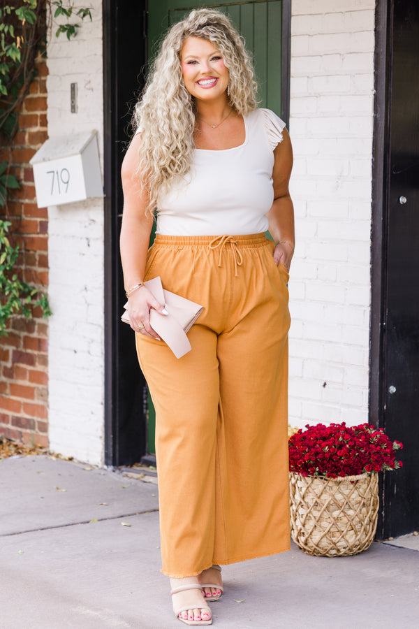 Chic Soul plus size clothing, high-waisted light orange wide leg pants with elastic waistband and tie with distressed seams 