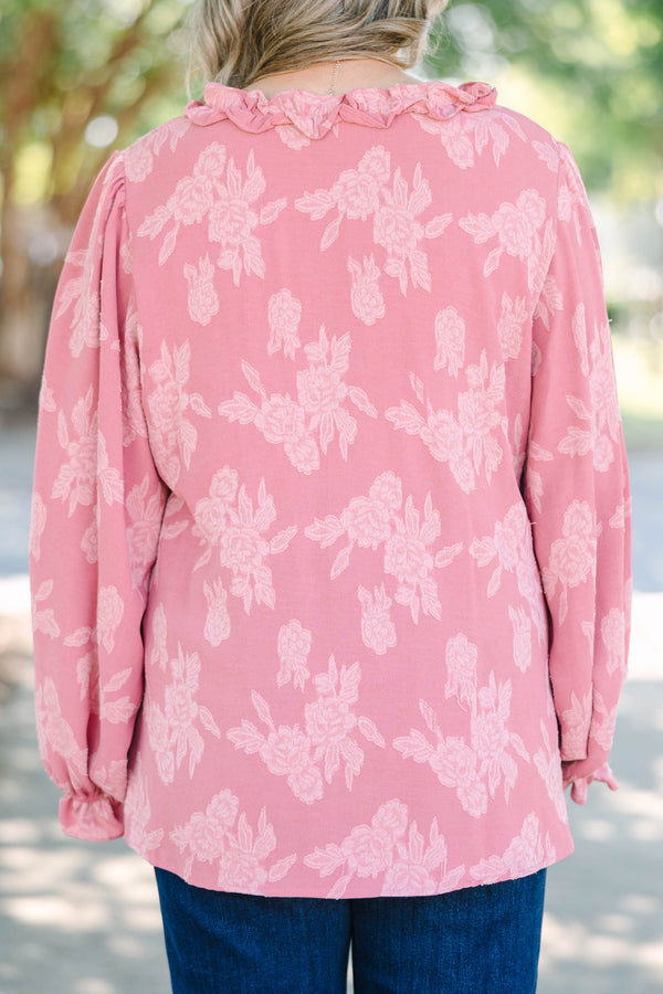 Plus Size mauve floral print top with ruffle V-neckline and long balloon sleeves.