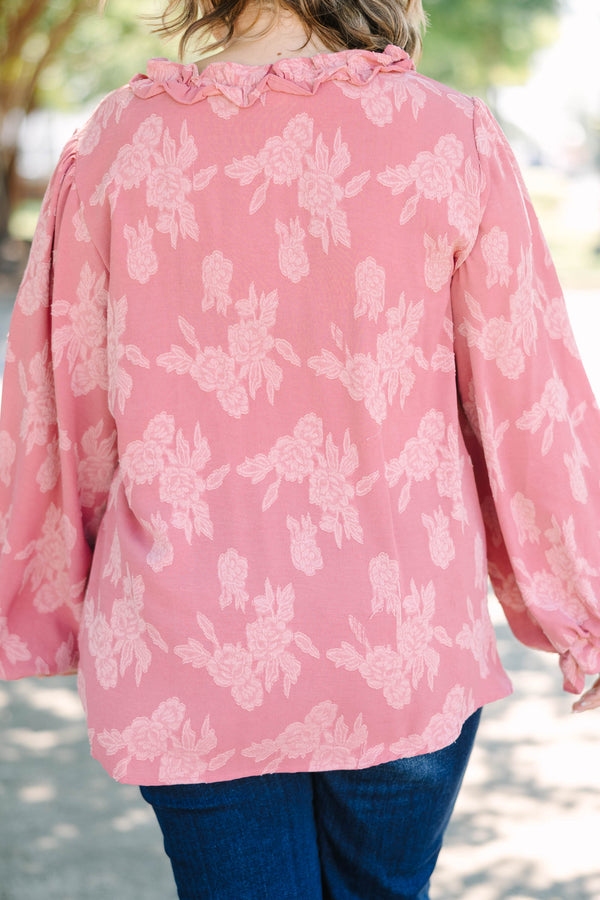 Plus Size mauve floral print top with ruffle V-neckline and long balloon sleeves.