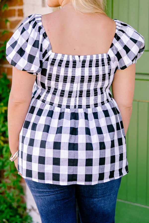 Chic Soul plus size clothing, black and white gingham short-puff sleeve sweetheart neckline babydoll top with big bow detail near neckline