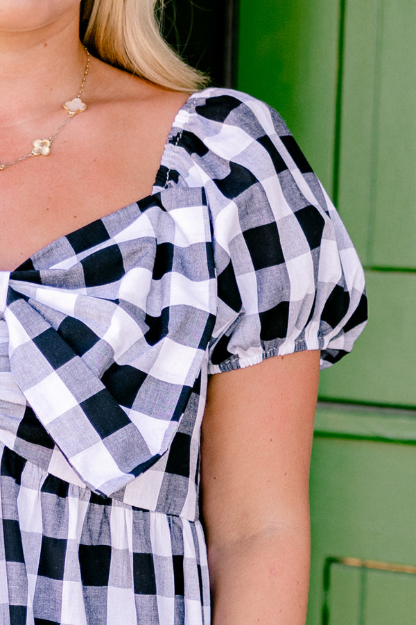 Chic Soul plus size clothing, black and white gingham short-puff sleeve sweetheart neckline babydoll top with big bow detail near neckline