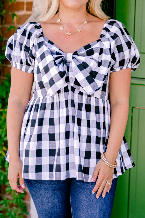 Chic Soul plus size clothing, black and white gingham short-puff sleeve sweetheart neckline babydoll top with big bow detail near neckline