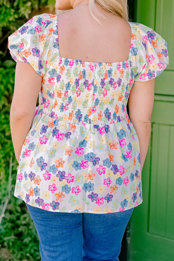 Chic Soul plus size clothing, ivory short-bubble sleeve sweetheart neckline casual top with multi-colored flower pattern and large bow detail near neckline