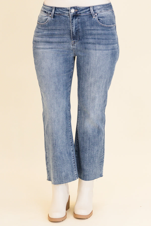 Chic Soul plus size clothing, medium wash cropped jeans with raw cut hem with no holes or distressing 
