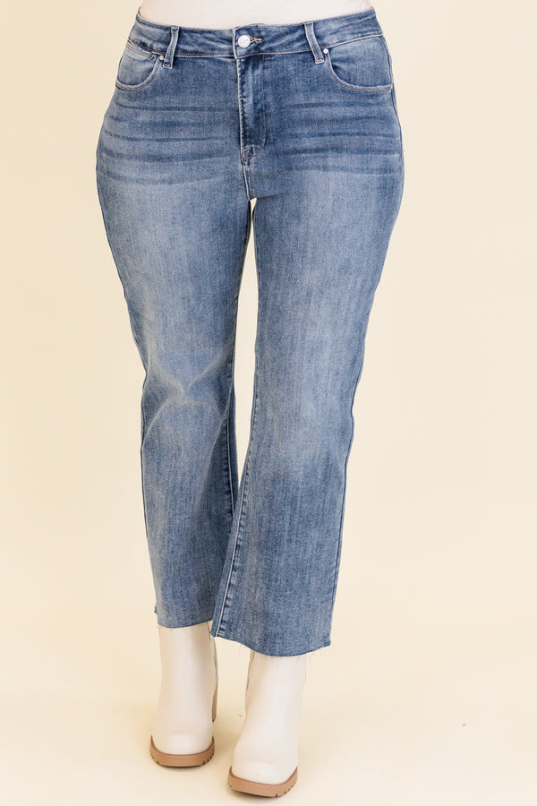 Chic Soul plus size clothing, medium wash cropped jeans with raw cut hem with no holes or distressing 
