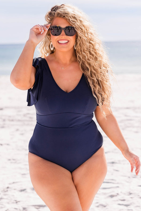 Chic Soul plus size clothing, navy one piece swimsuit with v neckline and ruffle sleeves