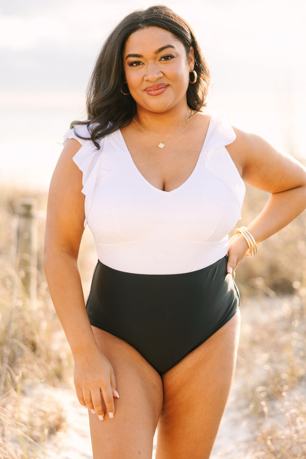 Chic Soul plus size clothing, white-black one piece swimsuit color blocked with vneck and ruffle sleeve