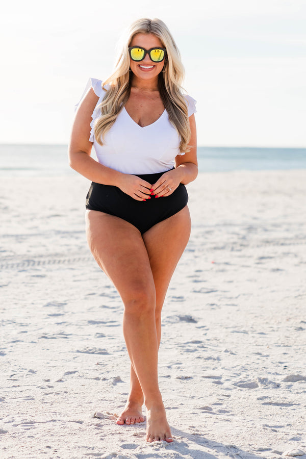 Chic Soul plus size clothing, white-black one piece swimsuit color blocked with vneck and ruffle sleeve
