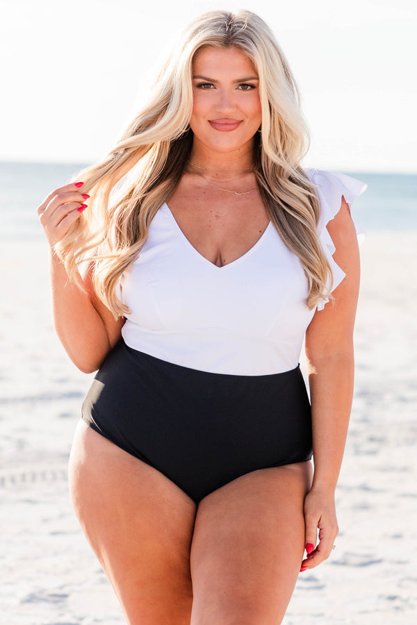 Chic Soul plus size clothing, white-black one piece swimsuit color blocked with vneck and ruffle sleeve