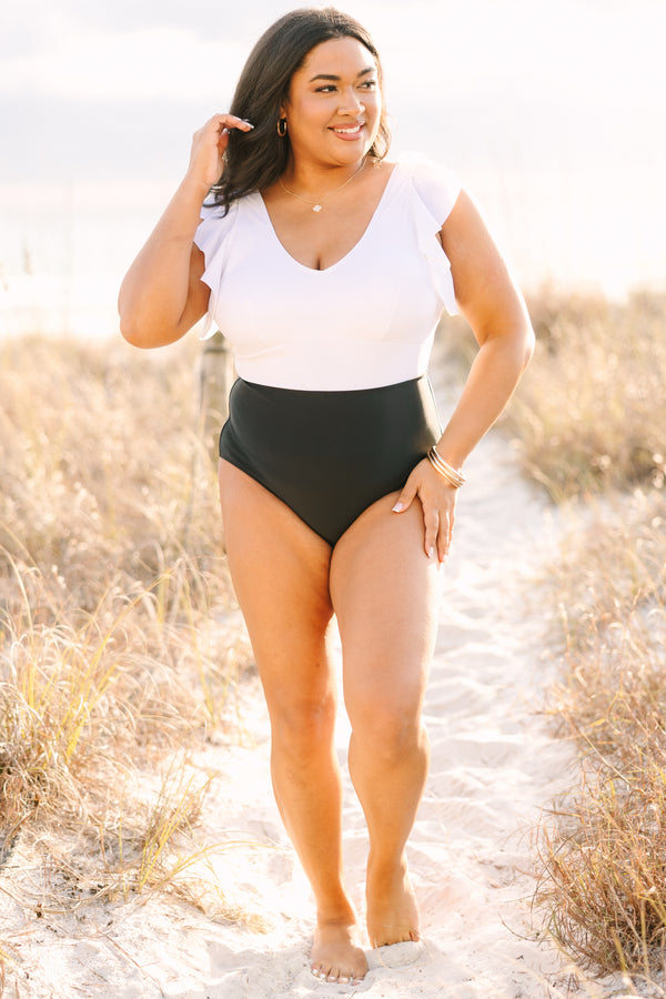 Chic Soul plus size clothing, white-black one piece swimsuit color blocked with vneck and ruffle sleeve