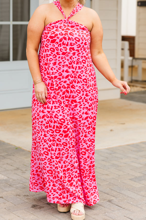 Chic Soul plus size clothing, hot pink leopard maxi dress with halter neckline