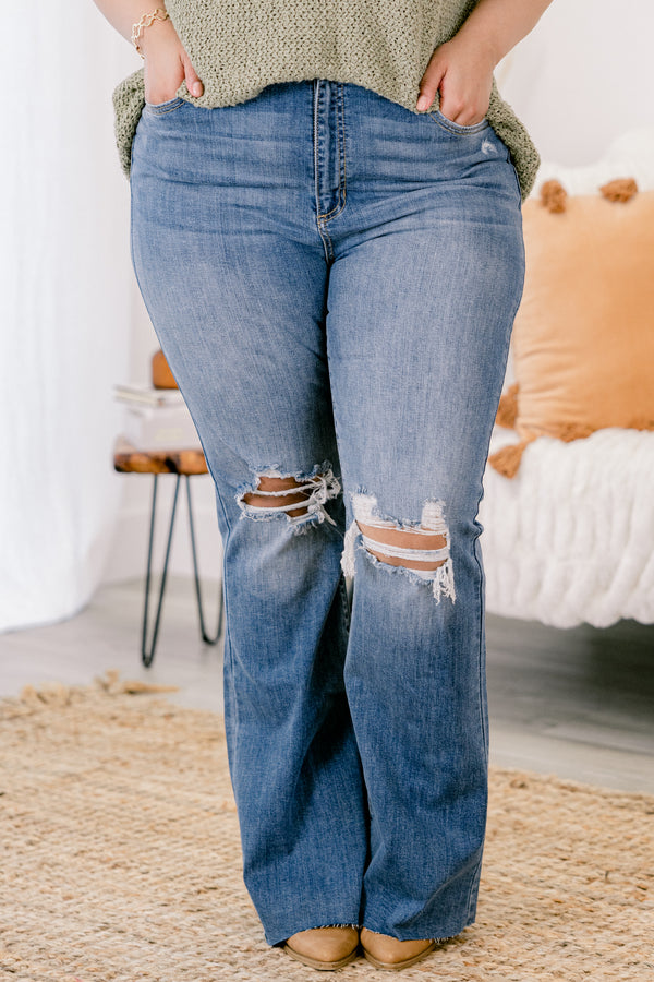 Chic Soul plus size clothing, Dark wash boot cut jeans with distressed holes in the knee and front pockets 