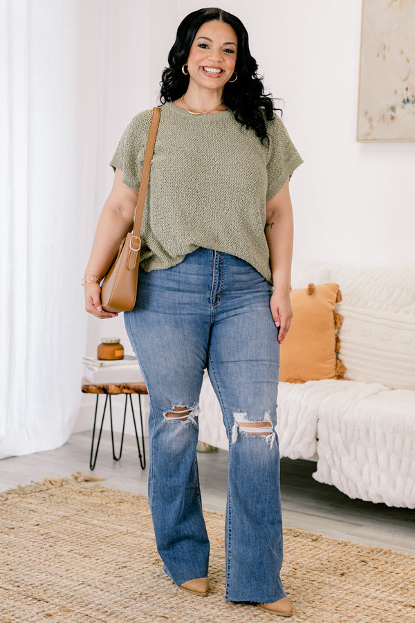 Chic Soul plus size clothing, Dark wash boot cut jeans with distressed holes in the knee and front pockets 
