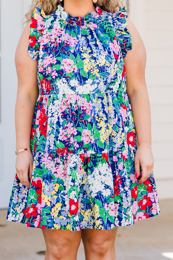 Chic Soul plus size clothing, navy multi floral mini dress with ruffle sleeves