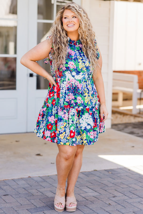 Chic Soul plus size clothing, navy multi floral mini dress with ruffle sleeves