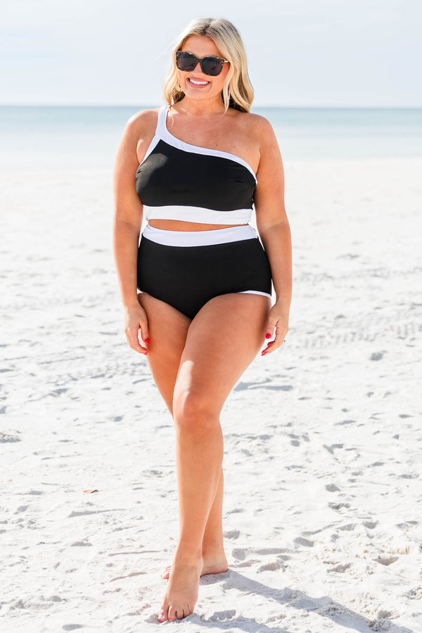 Chic Soul plus size clothing, black and white one shoulder bikini top