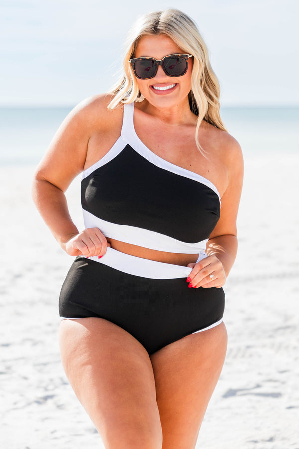 Chic Soul plus size clothing, black and white one shoulder bikini top