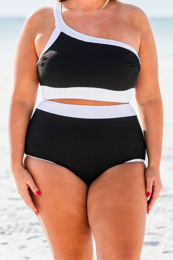 Chic Soul plus size clothing, black high waisted swimsuit bottoms with white block band at the top