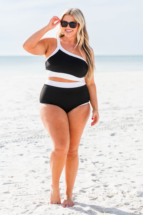 Chic Soul plus size clothing, black high waisted swimsuit bottoms with white block band at the top