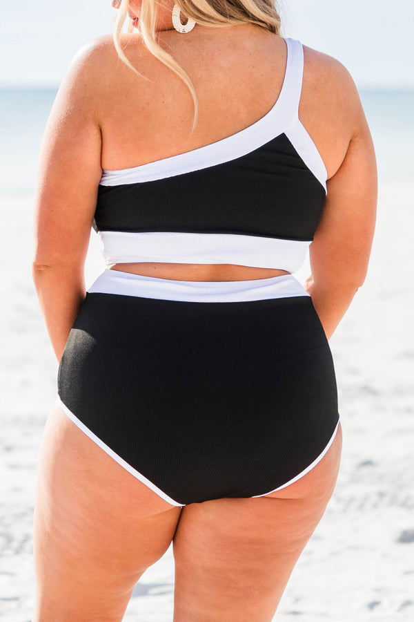 Chic Soul plus size clothing, black high waisted swimsuit bottoms with white block band at the top