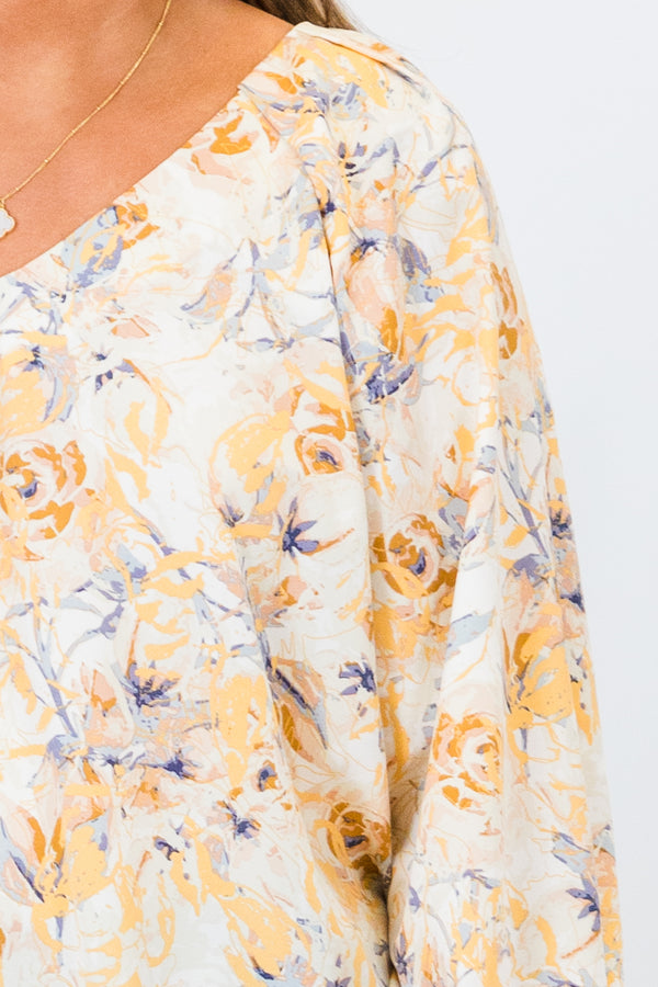 Chic Soul plus size clothing, yellow long sleeve floral print blouse with v neckline and cuff sleeve detail