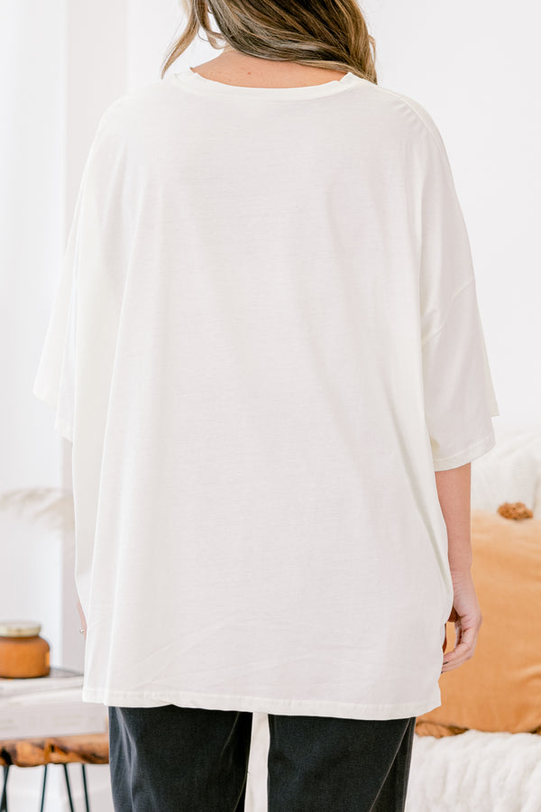 Chic Soul plus size clothing, ivory short sleeve boyfriend tee with text 