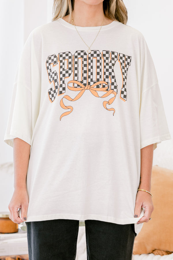 Chic Soul plus size clothing, ivory short sleeve boyfriend tee with text 