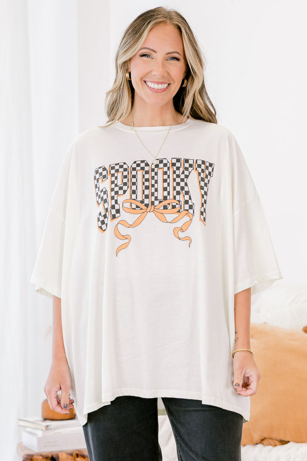 Chic Soul plus size clothing, ivory short sleeve boyfriend tee with text 