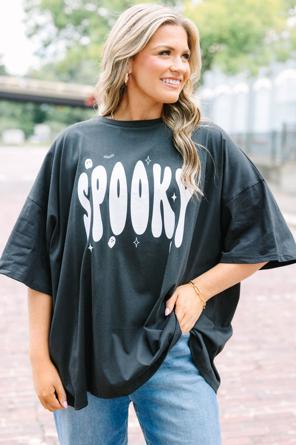 Plus size oversized black Spooky But Cute boyfriend tee with white retro lettering.