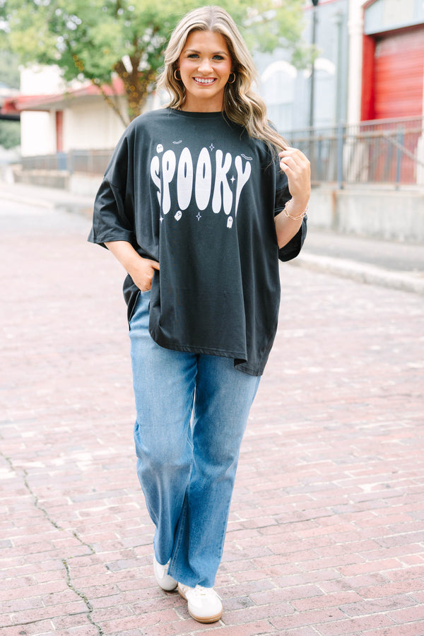Plus size oversized black Spooky But Cute boyfriend tee with white retro lettering.