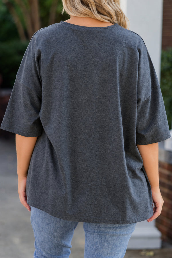 Chic Soul plus size clothing, charcoal gray short sleeve boyfriend tee with 