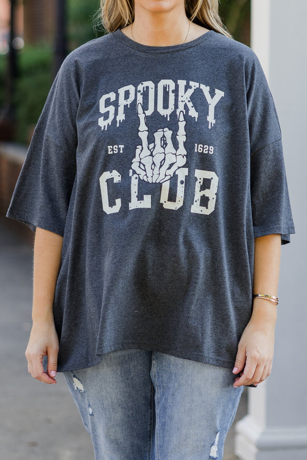 Chic Soul plus size clothing, charcoal gray short sleeve boyfriend tee with 
